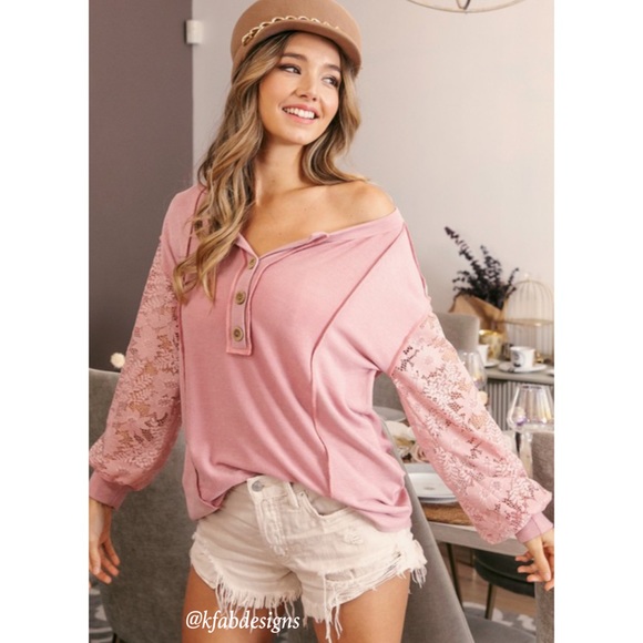 LAST! Button Henley Style Dusty Rose Floral Lace Sleeve Top! - Picture 4 of 13